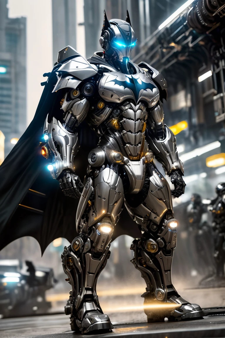  Mechanical Batman Special , Light Black Armor , With glossy silver metal armor, Wears smooth black armor,Smooth Silver Metallic Cloak ,whole body machinery,Mechanical Empire , Cyberpunk Mechanic Soldier , Mechanical Forces ,whole body machinery,Full body photo,Full body close-up , Fully Mechanical Cyberpunk City