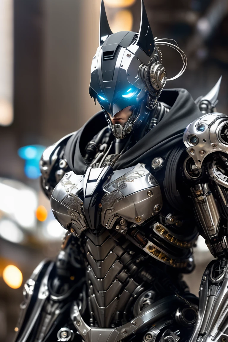  Mechanical Batman Special , Light Black Armor , With glossy silver metal armor, Wears smooth black armor,Smooth Silver Metallic Cloak ,whole body machinery,Mechanical Empire , Cyberpunk Mechanic Soldier , Mechanical Forces ,whole body machinery,Full body photo,Full body close-up , Fully Mechanical Cyberpunk City