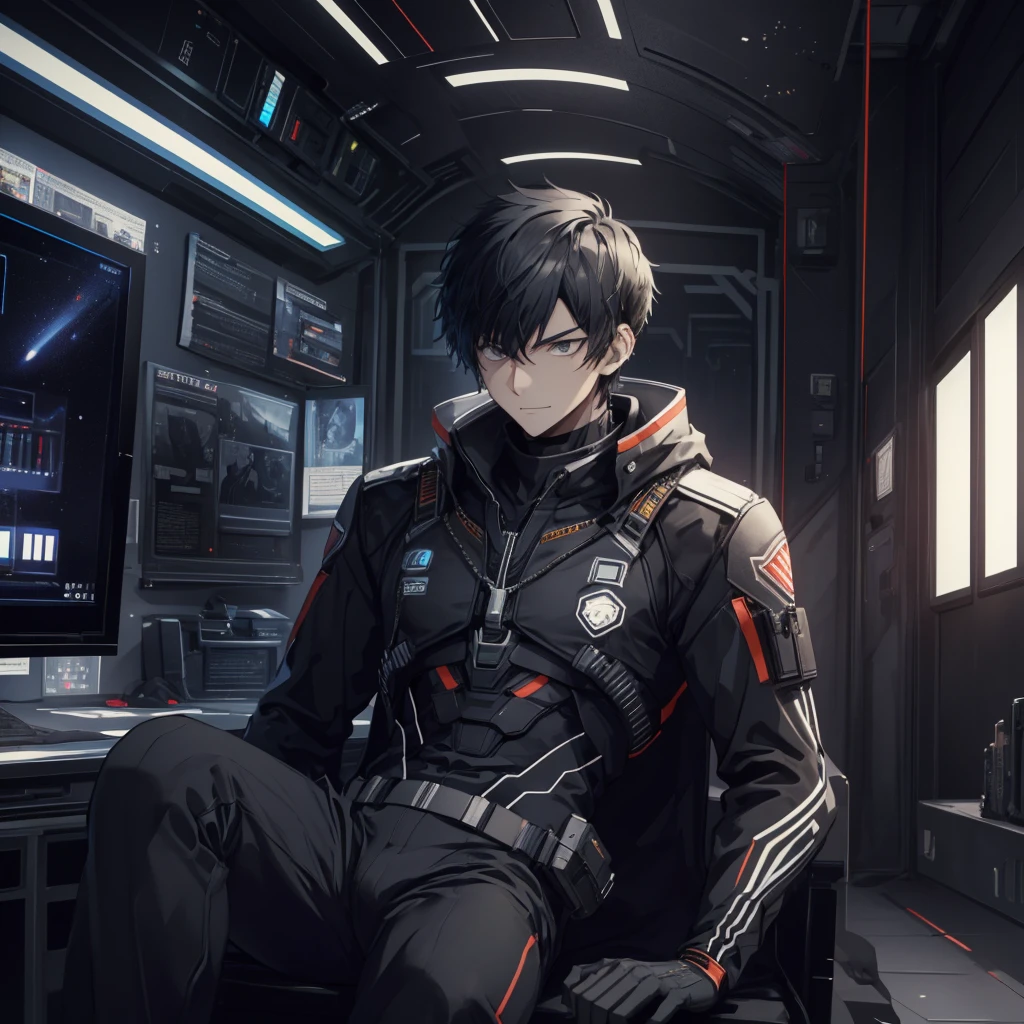  illustration of a young man , Black Hair, Short Hair, Black Eyes,  short wolf hair , 20-year-old man, I'm wearing a black skinny pilot suit,  relaxing in a spaceship lobby , A smirking expression, Official Art、 best quality、 unity 8k Wallpaper 、32K、masterpiece、Super detailed, Male nose, Male Eyes , Male outline ,  male skeleton , Male Body, English is displayed on multiple monitors,  looking down from above, {{{APEX}}}, English is displayed on multiple monitors,  looking down from above,