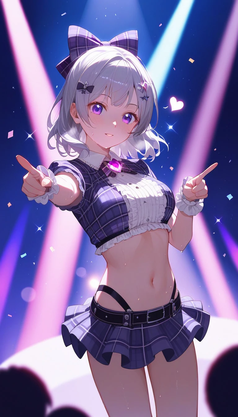 (masterpiece), best quality, high resolution, highly detailed, detailed background, cinematic lighting, looking_at_viewer, 1girl, silver hair, medium hair, medium breasts, purple eyes, idol, purple white idol clothes, underbust, stage, glowstick, stage lights, music, blush, heavy_breathing, sweat, concert, white frilled gloves, frilled microskirt, frill, confetti, heart, hair ornament, hair bow, gemstone, jewelry, neon lights, plaid bow, plaid shirt, pointing, spotlight, sparkle, light particles, framed breasts, cross-laced,