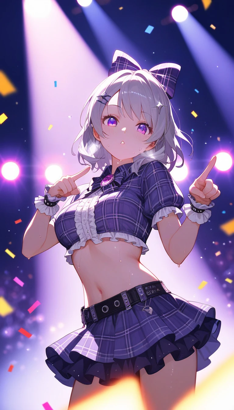 (masterpiece), best quality, high resolution, highly detailed, detailed background, cinematic lighting, looking_at_viewer, 1girl, silver hair, medium hair, medium breasts, purple eyes, idol, purple white idol clothes, underbust, stage, glowstick, stage lights, music, blush, heavy_breathing, sweat, concert, white frilled gloves, frilled microskirt, frill, confetti, heart, hair ornament, hair bow, gemstone, jewelry, neon lights, plaid bow, plaid shirt, pointing, spotlight, sparkle, light particles, framed breasts, cross-laced,