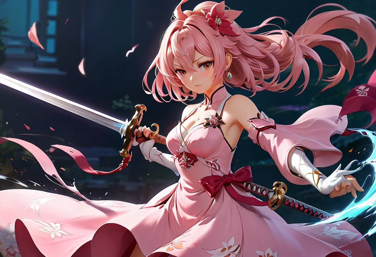 anime girl with a sword and a pink dress, ayaka genshin impact, genshin impact character, ayaka game genshin impact, official character art, cushart krenz key art feminine, shalltear bloodfallen, keqing from genshin impact, shadowverse style, zhongli from genshin impact, character artwork, character art of maple story
