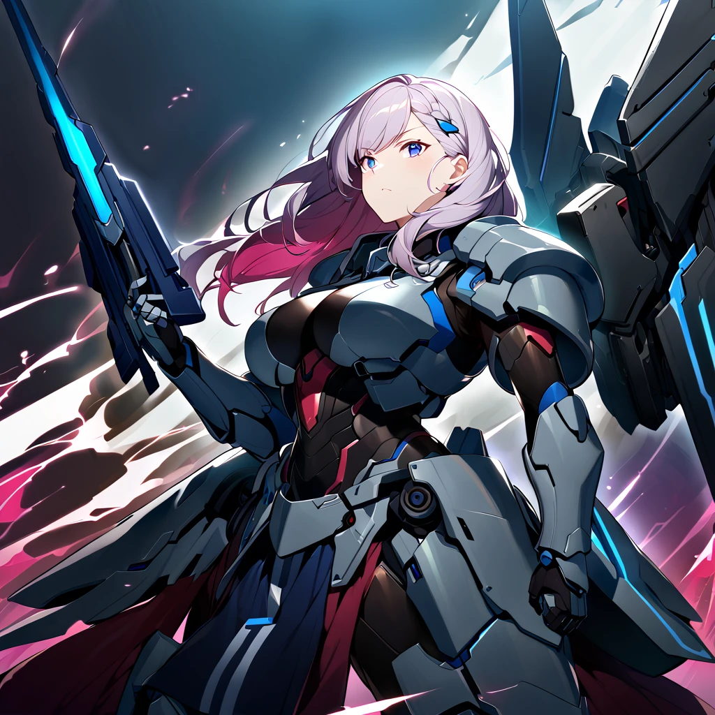 Anime, high detailed, multiple womans, mature womans, mecha soft-armor, large mechanical wings, large Gauntlet, large shield in arm, serious, curvy body, long mechanical wings, mecha weapons、Colored armors、magenta Colored aura、BLUE Eyes, elongated pupils,  Mature Woman、magenta aura、womans surrounding, background in the space 