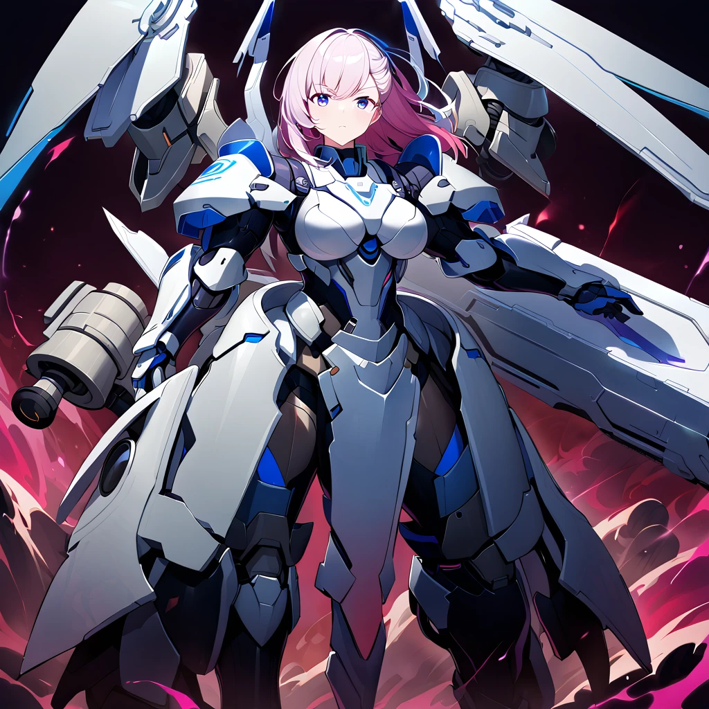 Anime, high detailed, multiple womans, mature womans, mecha soft-armor, large mechanical wings, large Gauntlet, large shield in arm, serious, curvy body, long mechanical wings, mecha weapons、Colored armors、magenta Colored aura、BLUE Eyes, elongated pupils,  Mature Woman、magenta aura、womans surrounding, background in the space 