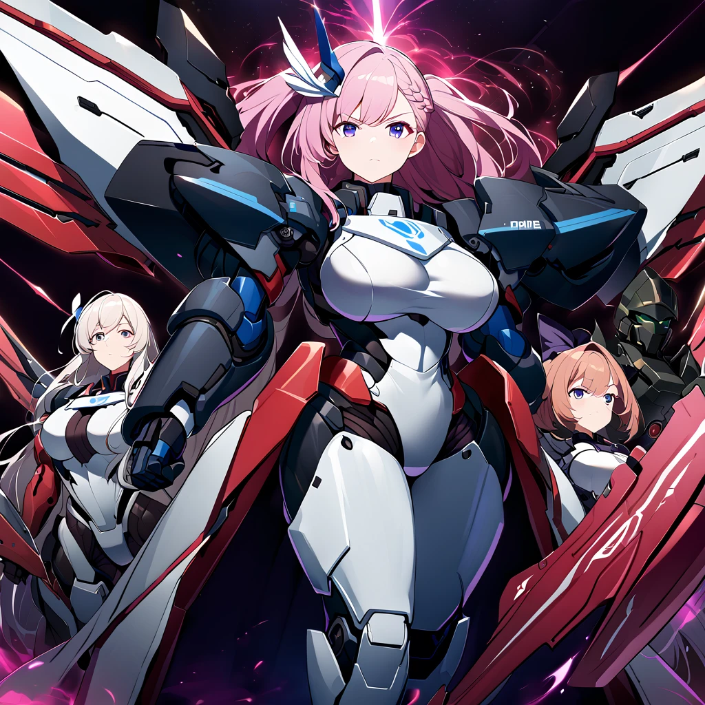 Anime, high detailed, multiple womans, mature womans, mecha soft-armor, large mechanical wings, large Gauntlet, large shield in arm, serious, curvy body, long mechanical wings, mecha weapons、Colored armors、magenta Colored aura、BLUE Eyes, elongated pupils,  Mature Woman、magenta aura、womans surrounding, background in the space 