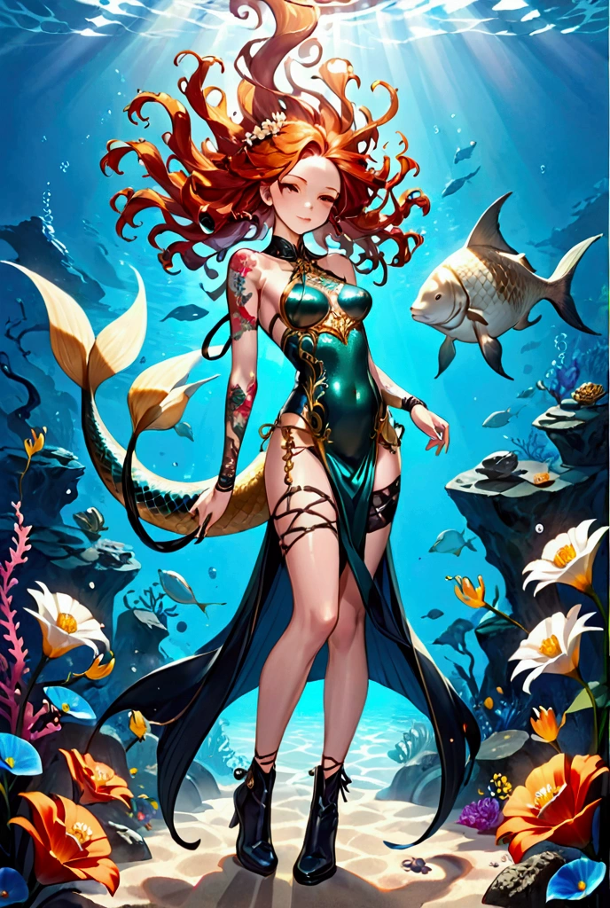 detailed illustration, dynamic angle, ultra-detailed, illustration, 1girl, Long wavy red hair, gold crown, red octopus tentacles. octopus girl, red eyes, black corset, medium breasts, cleavage, smirk, smile, black sleeves, bare shoulders, under the water, under the sea, the sea, tentacles for legs, lots of large tentacles