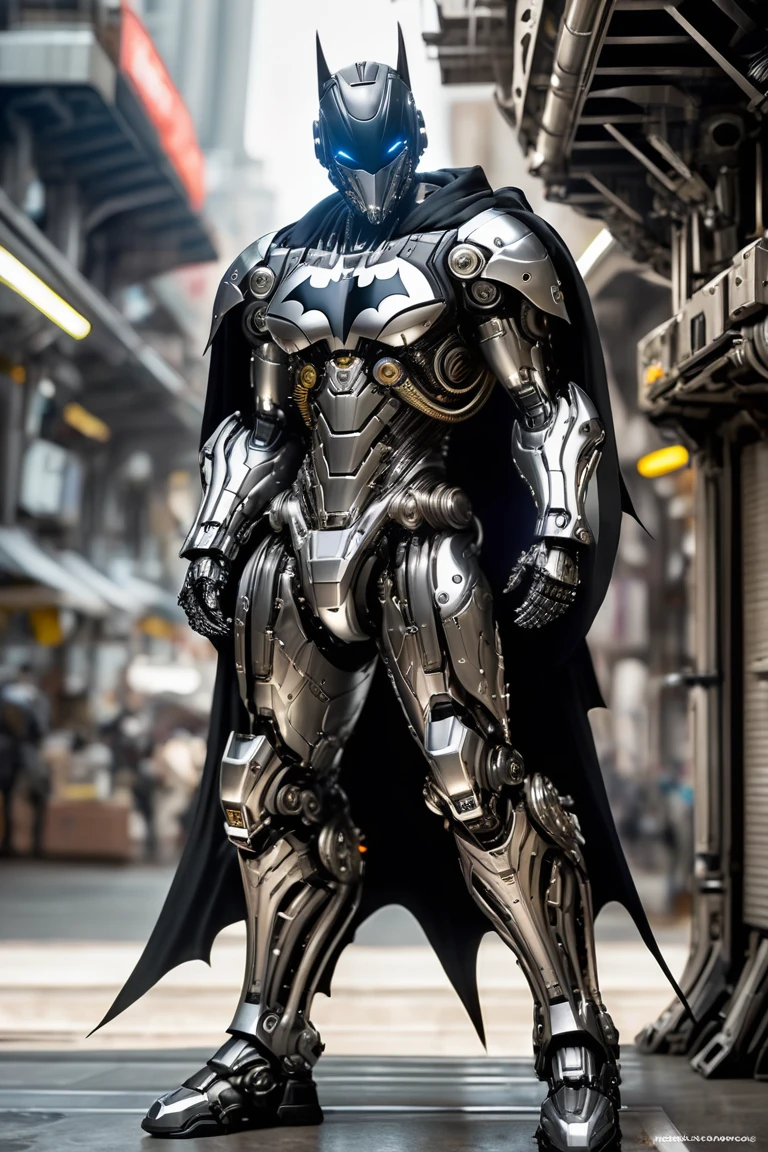  Mechanical Batman Special , Light Black Armor , With glossy silver metal armor, Wears smooth black armor,Smooth Silver Metallic Cloak ,whole body machinery,Mechanical Empire , Cyberpunk Mechanic Soldier , Mechanical Forces ,whole body machinery,Full body photo,Full body close-up , Fully Mechanical Cyberpunk City