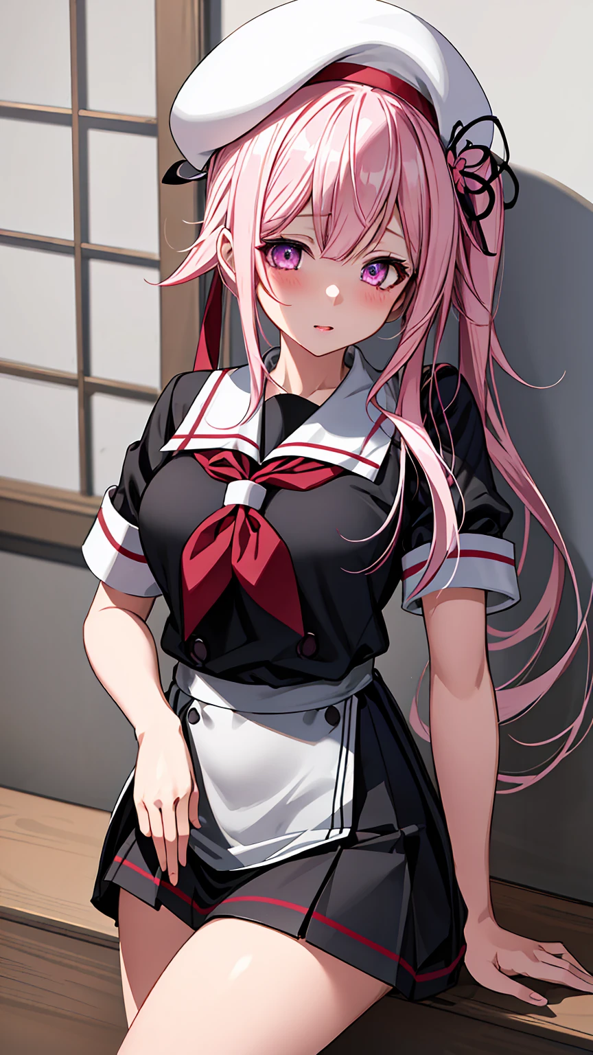 (masterpiece), (best quality), (ultra-detailed), photorealistic, (best illustration), (an extremely delicate and beautiful), 1girl, solo,(KanColle Harusame) black uniform black skirt pink hair White beret cap masterpiece, best quality, (ssao shadows), detailed, intricat (purple eyes) pretty face, skin indentation, stunning eyes, rim lighting, skin shading, sub surface scattering Very Fine Eyes Very Fine Face、Insanely detailed body、Extremely fine skin, very elaborate hair ornament, Precisely shaped body and hands