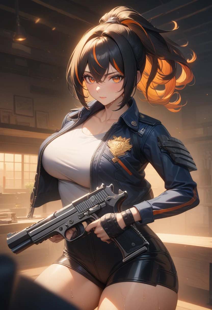 masterpiece,best quality,high resolution,8k,ultra HD,wallpaper,illustration,perfect face,cowboy shot,beautiful detailed eyes,extremely detailed face,perfect lighting,extremely detailed CG,perfect anatomy,perfect body,perfect hands,perfect fingers,1woman,full body,,muscle fighter body,(black long ponytail hair with orange mesh line hair:1.5),orange eyes,large breasts,Medium ass,,(blue open police jacket inner white shirt),black short hot pants,clothed,,collarbone,,looking at viewer,(single silver desert eagle),Steam,sweat, home,(Zenless Zone Zero character Zhu Yuan),adult,bring one's desert eagle to the ready,white bike riding gun shoot,