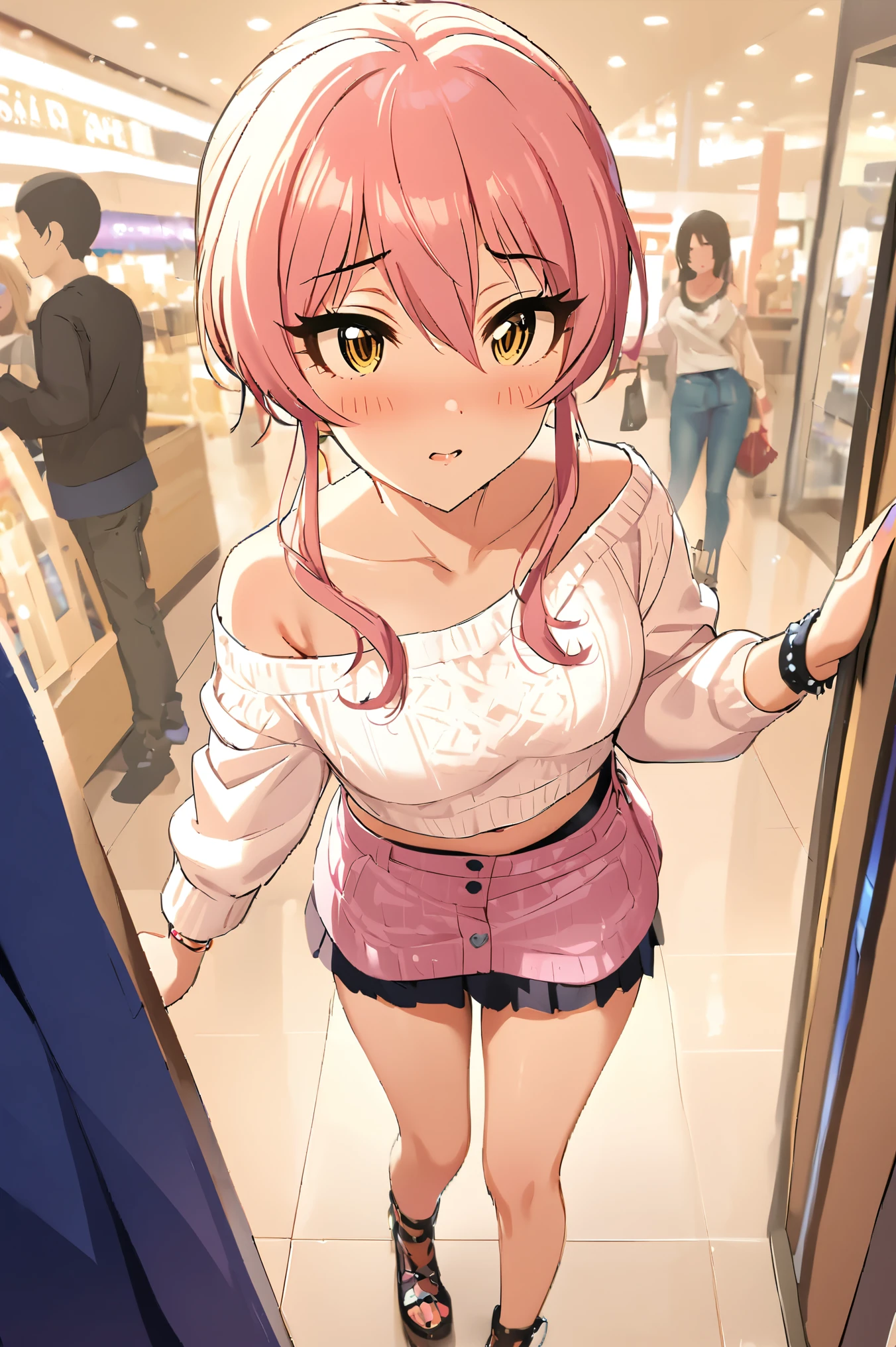 NSFW,masterpiece,Best Quality, Kampala, very detailed ,Mika Jougasaki \( The Idolmaster Cinderella Girls\),Pink Hair、 yellow eyes,(Sex slave), casual, off shoulder, crop top, miniskirt in length,blush, Shopping Mall