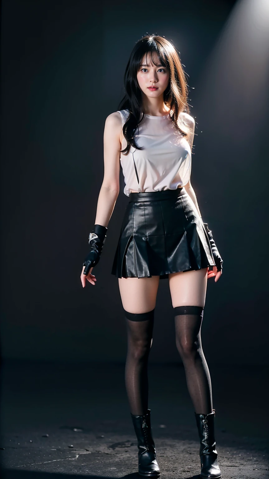 (8k、RAW Photos、Highest quality、masterpiece:1.2)、(Realistic、Realistic)、1 person、((black and white、Cleavage、tights、mini skirt、Thin legs、whole body、boots、View from the front、Looking into the camera、Black Room、Stand with hands on hips))、cute
