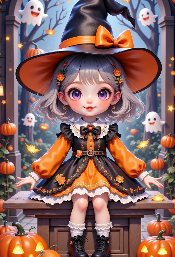 a close up of a doll sitting on a table with pumpkins, a picture by Jin Homura, pixiv, digital art, witch girl, cat witch, nendoroid, nendoroid 3 d, 🍂 cute, classical witch, in a halloween style, style as nendoroid, witch fairytale, wearing black witch hat, witch, cute anime catgirl