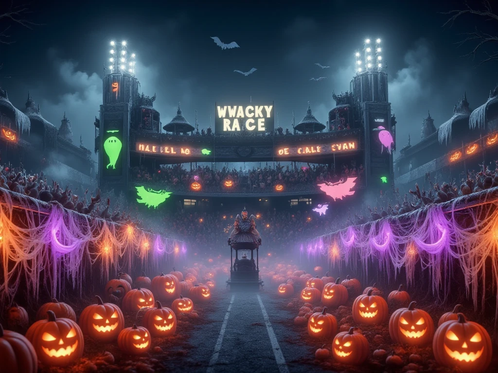 A full HD, ultra-realistic recreation of the iconic cartoon series Wacky Race, showcasing its unique characters at the start line on the legendary Indianapolis track. The image captures the electric atmosphere of the audience cheering wildly. The race is Halloween-themed and set at night, with eerie, atmospheric lighting casting vivid shadows across the track and stands. Spectral green ghosts, inspired by Luigi’s Mansion 3, float mysteriously in the night sky, while fog rolls over the track, adding to the spine-chilling ambiance. The Halloween decor is vibrant and haunting, with orange and purple string lights, cobwebs, carved pumpkins, and flickering lanterns illuminating the dark surroundings. High-definition textures bring out rich color contrasts, and realistic lighting enhances each detail, making the scene simultaneously thrilling and terrifying. The scene has a cinematic, dynamic feel, with vibrant colors, glowing highlights, and rich shadow effects that evoke the spirit of Halloween in every detail.