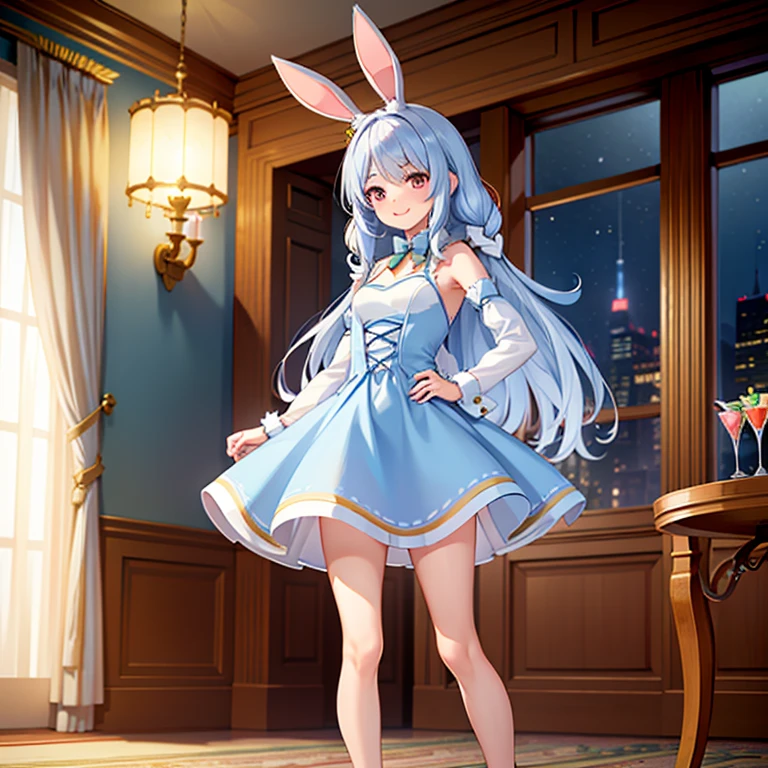 ((Best Quality)), ((masterpiece)), ( Details),cpekora、whole body、Standing posture
long hair 、Bunny ears、Thin limbs、smile、
( light blue cocktail dress、pumps)、
Luxurious banquet hall、８k、
