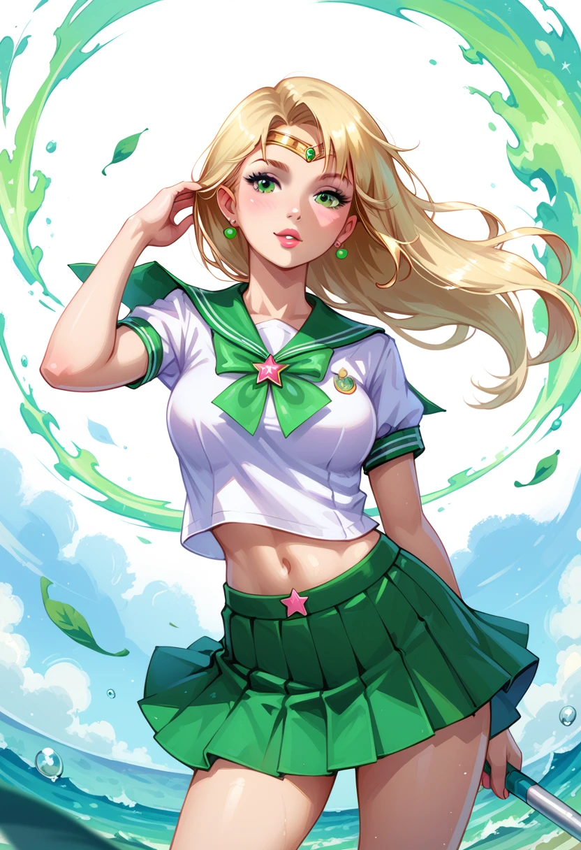 anime girl in a short skirt and a white shirt with a green tie, the sailor jupiter. beautiful, artgerm jsc, extremely detailed artgerm, artgerm and lois van baarle, green aura, artgerm and ilya kuvshinov, ilya kuvshinov and artgerm, artgerm style
