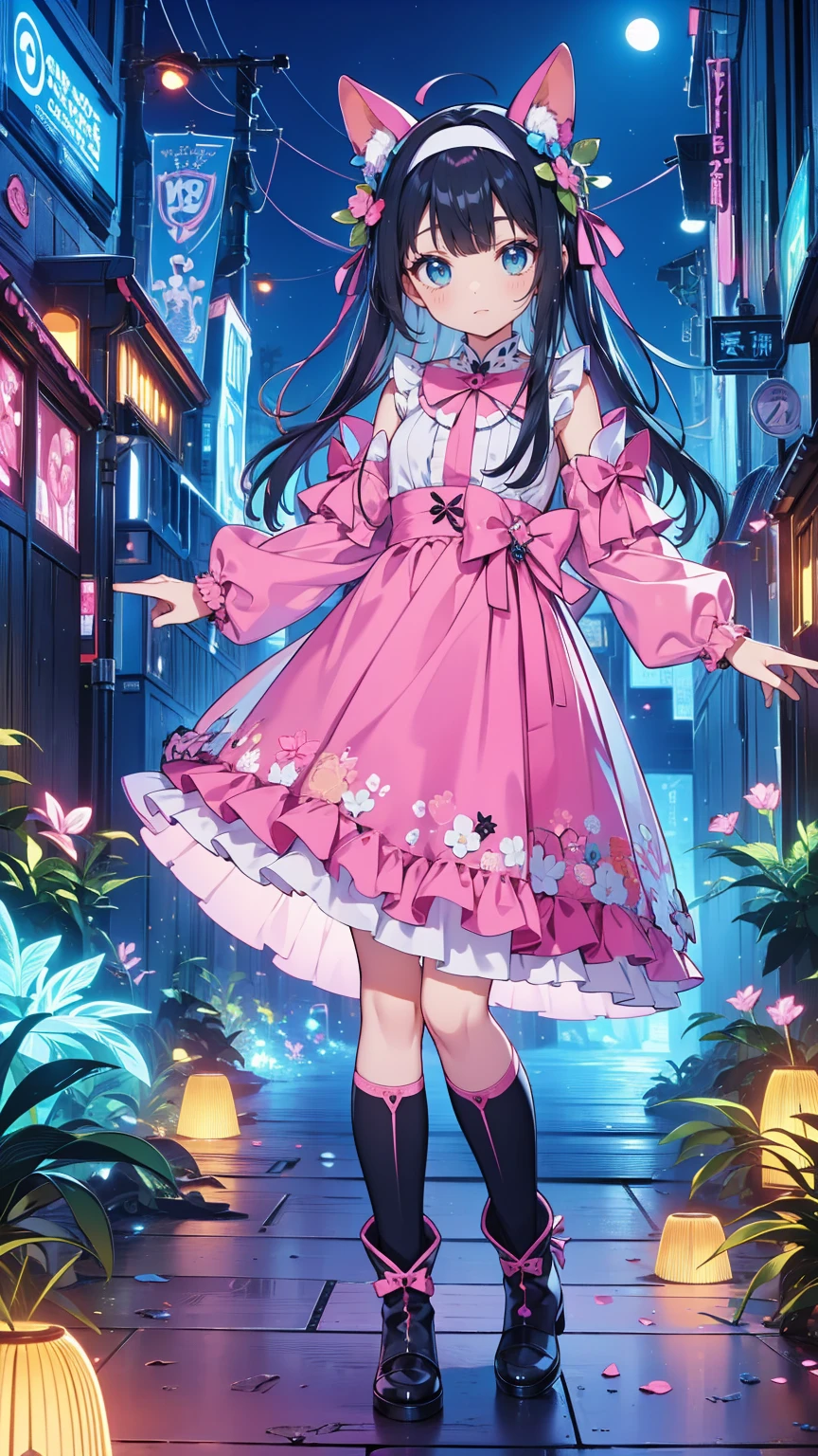  anime style、story、、 BEAUTIFUL GIRLS、とてもcute天使、 pink gothic dress 、cute、baby face、smile、 long skirt 、  black boots 、Very cute headband
