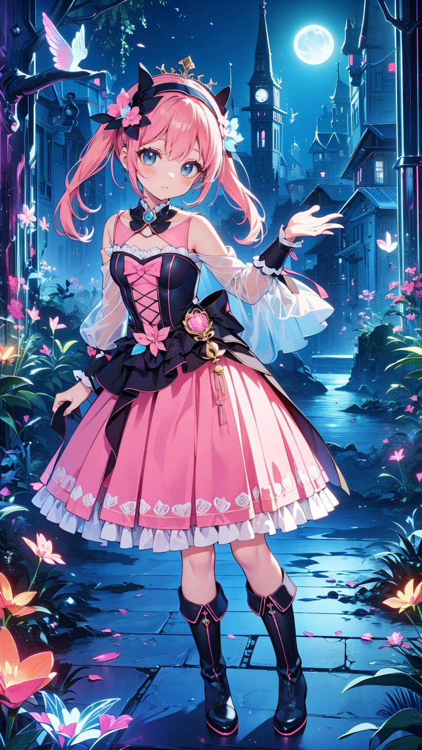  anime style、story、、 BEAUTIFUL GIRLS、とてもcute天使、 pink gothic dress 、cute、baby face、smile、 long skirt 、  black boots 、Very cute headband
