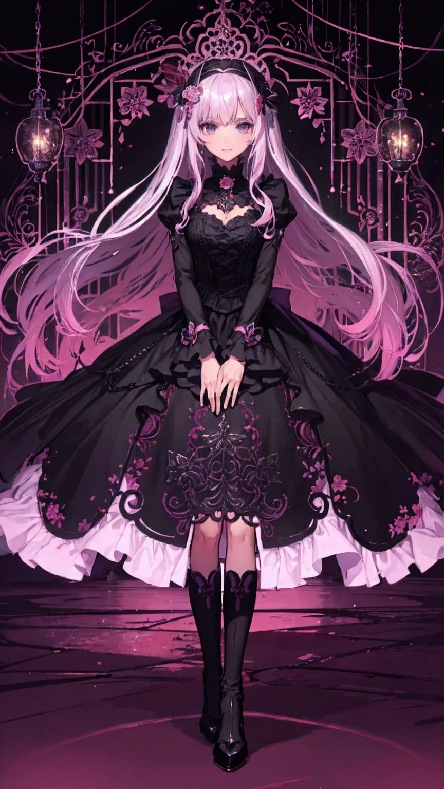  anime style、story、、 BEAUTIFUL GIRLS、とてもcute天使、 pink gothic dress 、cute、、smile、 long skirt 、  black boots 、Very cute headband
