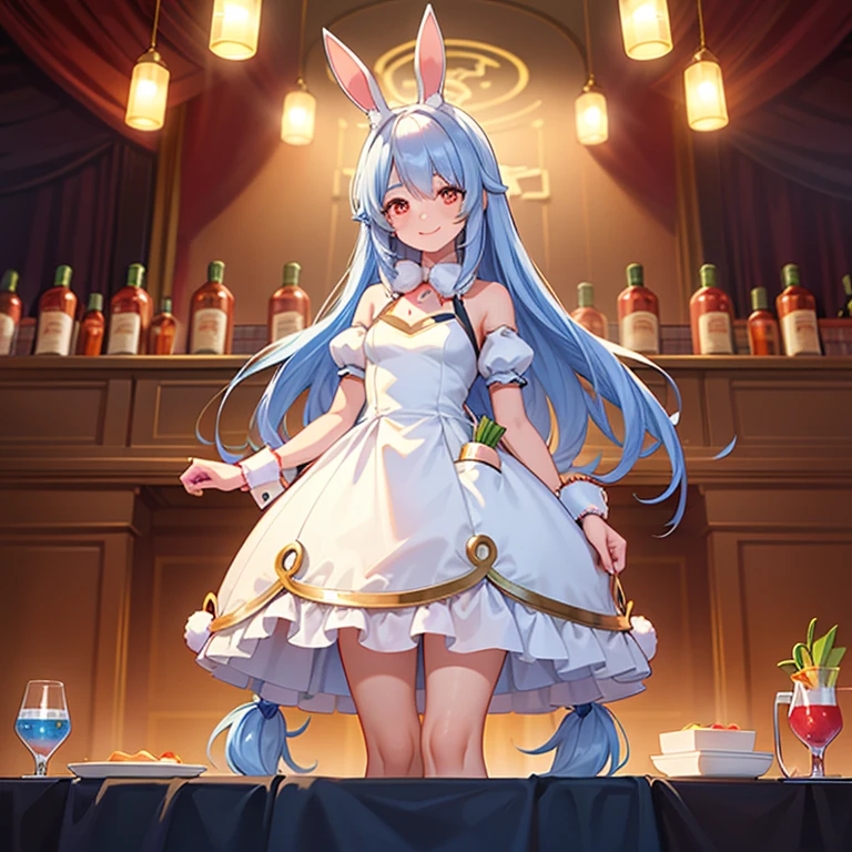 ((Best Quality)), ((masterpiece)), ( Details),sinful、whole body、Standing posture
long hair 、Bunny ears、Carrot hair accessory、Thin limbs、smile、
( light blue cocktail dress、pumps)、
Luxurious banquet hall、８k、
