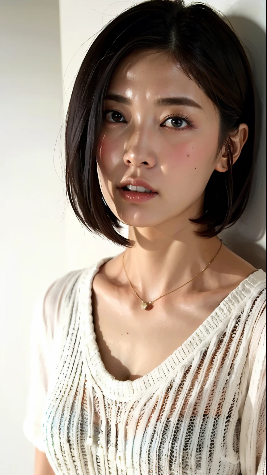 (Best Quality, 8k, 32K, masterpiece,  ultra high resolution:1.2), pictures of beautiful Japanese women, Large Breasts,  very short bob hair , upper body, Face Focus ,Extra Large_sweater,  necklace ,   simple background, the above, Staring at,