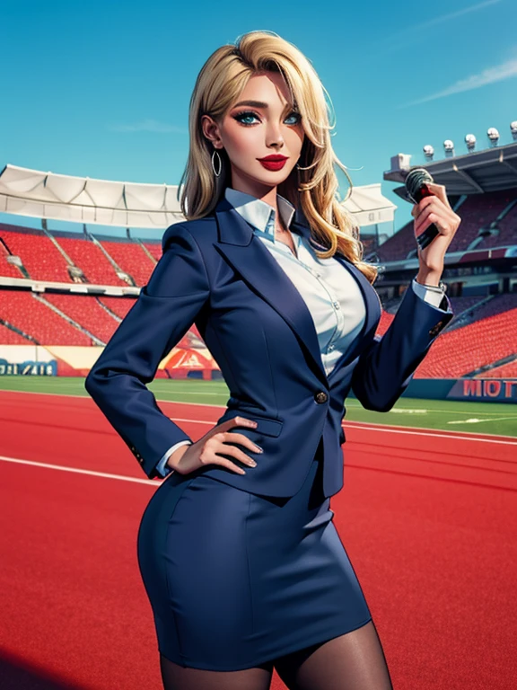 (masterpiece:1.2), best quality, high resolution, BREAK alluring 36-years-old woman, standing at approximately 5'1" tall, ((slim, petite)), ((Hourglass figure)), medium breasts, tan olive skin, straight blonde hair, green eyes, eyeshadow, mascara, red lipstick, BREAK ((Wearing a dark blue blazer with a dark blue pencil skirt and silver earrings)) BREAK She's a sports anchorwoman, she's holding a microphone, she's looking at the camera with a charming smile BREAK outdoors, Football stadium
