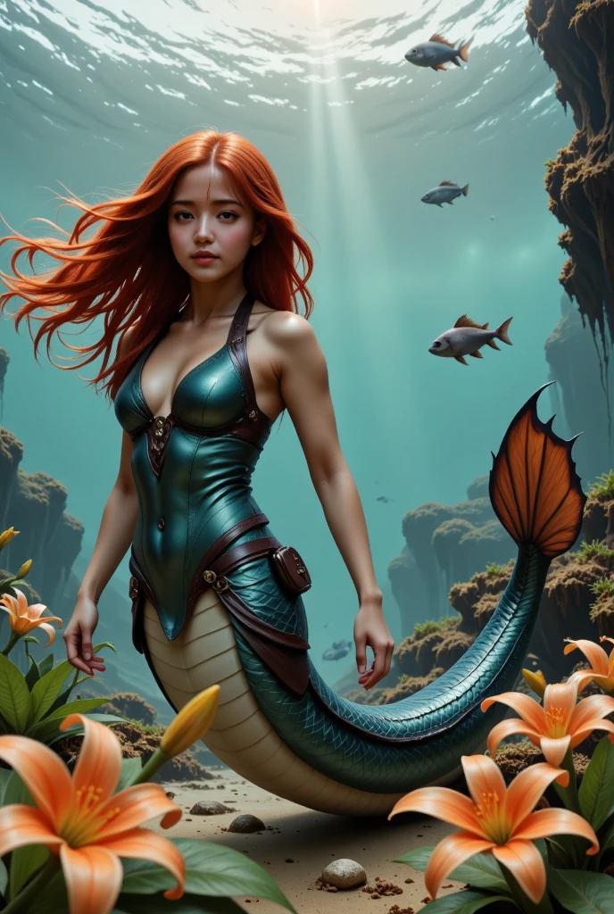 a girl underwater, long red flowing hair, naga, orange yellow and white lily flowers, (best quality,4k,8k,highres,masterpiece:1.2),ultra-detailed,(realistic,photorealistic,photo-realistic:1.37),highly detailed face, beautiful detailed eyes, beautiful detailed lips, extremely detailed eyes and face, long eyelashes, magical, ethereal, serene, glowing, sunlight shimmering in the water, underwater scenery, coral reef, schools of fish