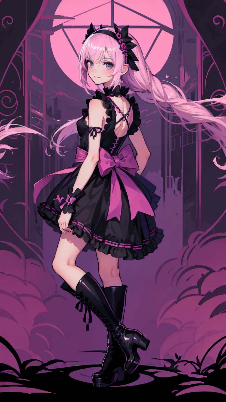  anime style、story、、 BEAUTIFUL GIRLS、とてもcute天使、 pink gothic dress 、cute、、smile、 long skirt 、  black boots 、Very cute headband
