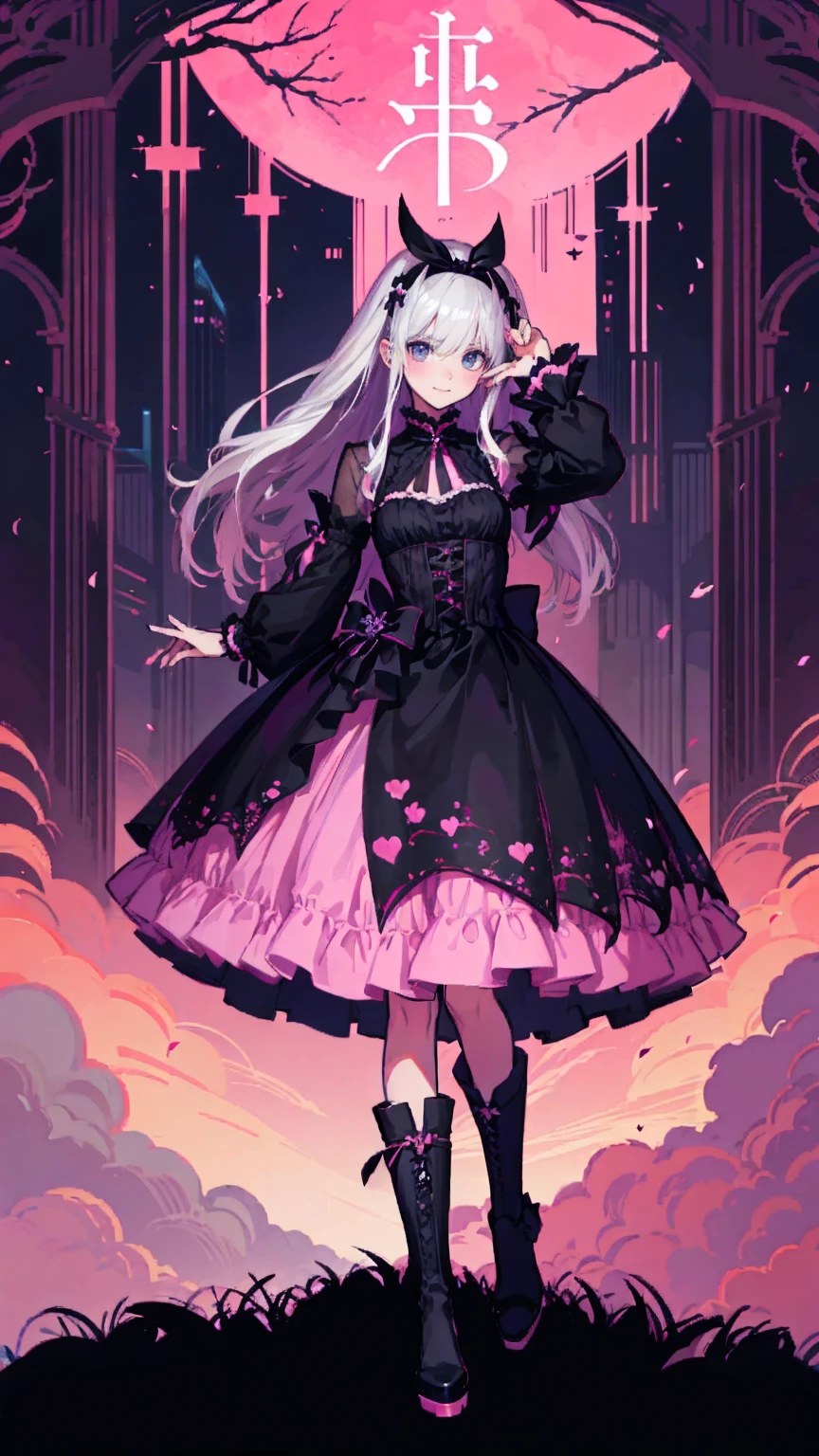  anime style、story、、 BEAUTIFUL GIRLS、とてもcute天使、 pink gothic dress 、cute、baby face、smile、 long skirt 、  black boots 、Very cute headband
