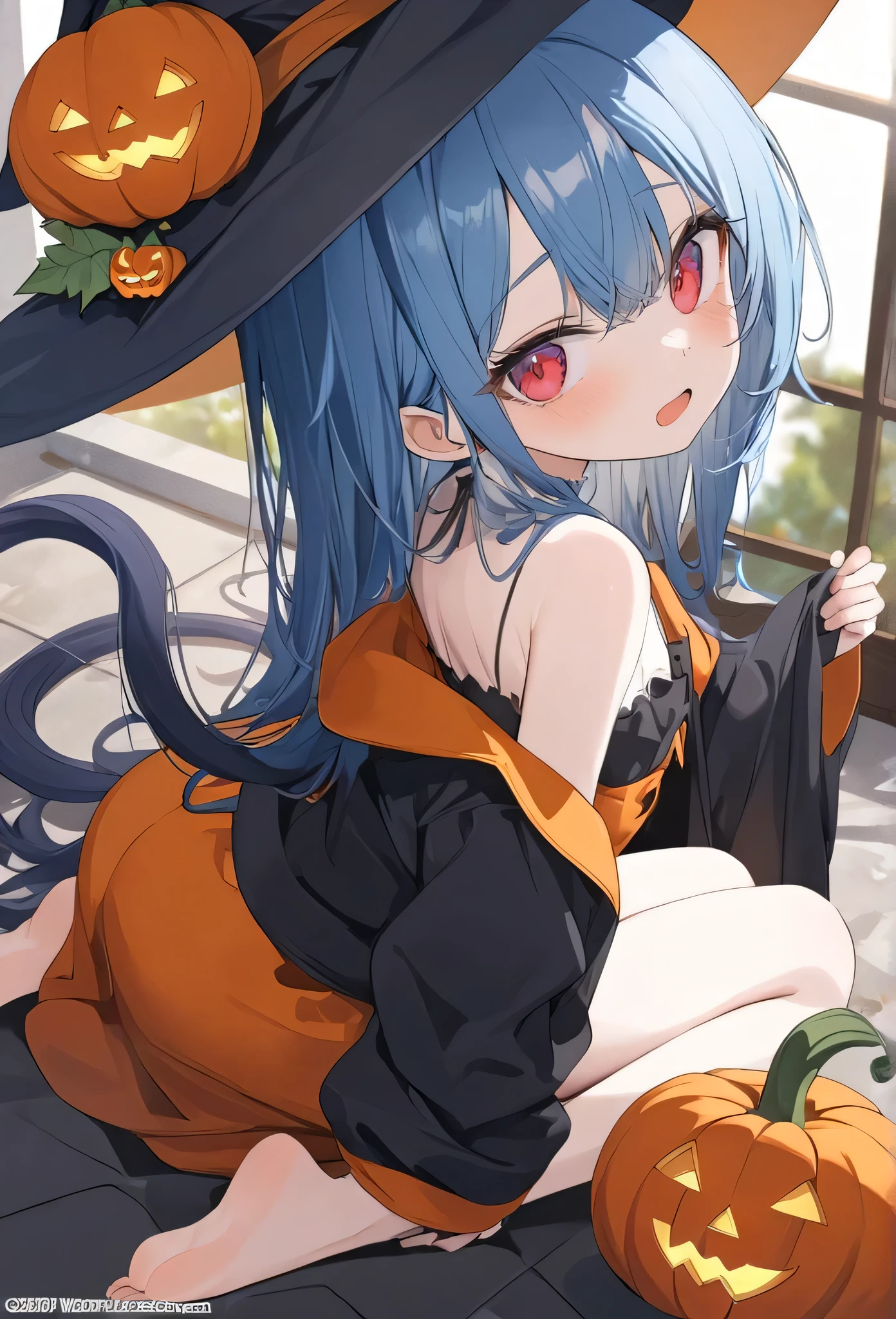 masterpiece，high quality，best，official art，Beautiful and picky，Very detailed（Fractal Art 1.2），Rich colors，Most detailed，a girl，Expressionless，dark blue long hair，long bangs，bright red eyes，pale albinism，barefoot，Cute pumpkin witch costume，Wearing a jacket that is not the right size，wearing witch hat，Turn your back to the audience，blush, open mouth, double tail, blue hair/watercolor hair, shy, ，halloween