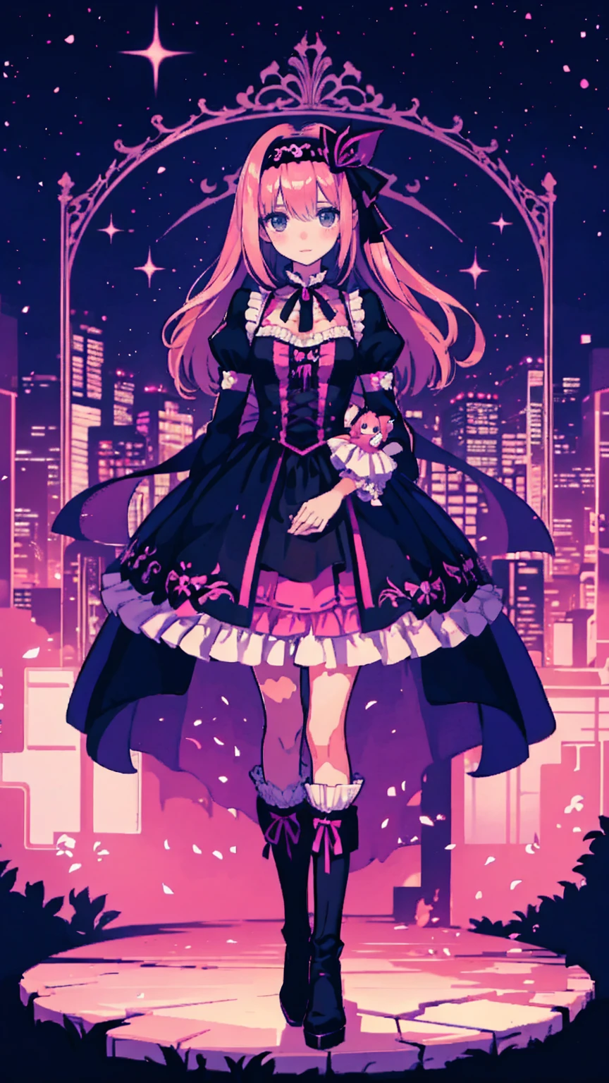  anime style、story、、 BEAUTIFUL GIRLS、とてもcute天使、 pink gothic dress 、cute、baby face、smile、 long skirt 、  black boots 、Very cute headband
