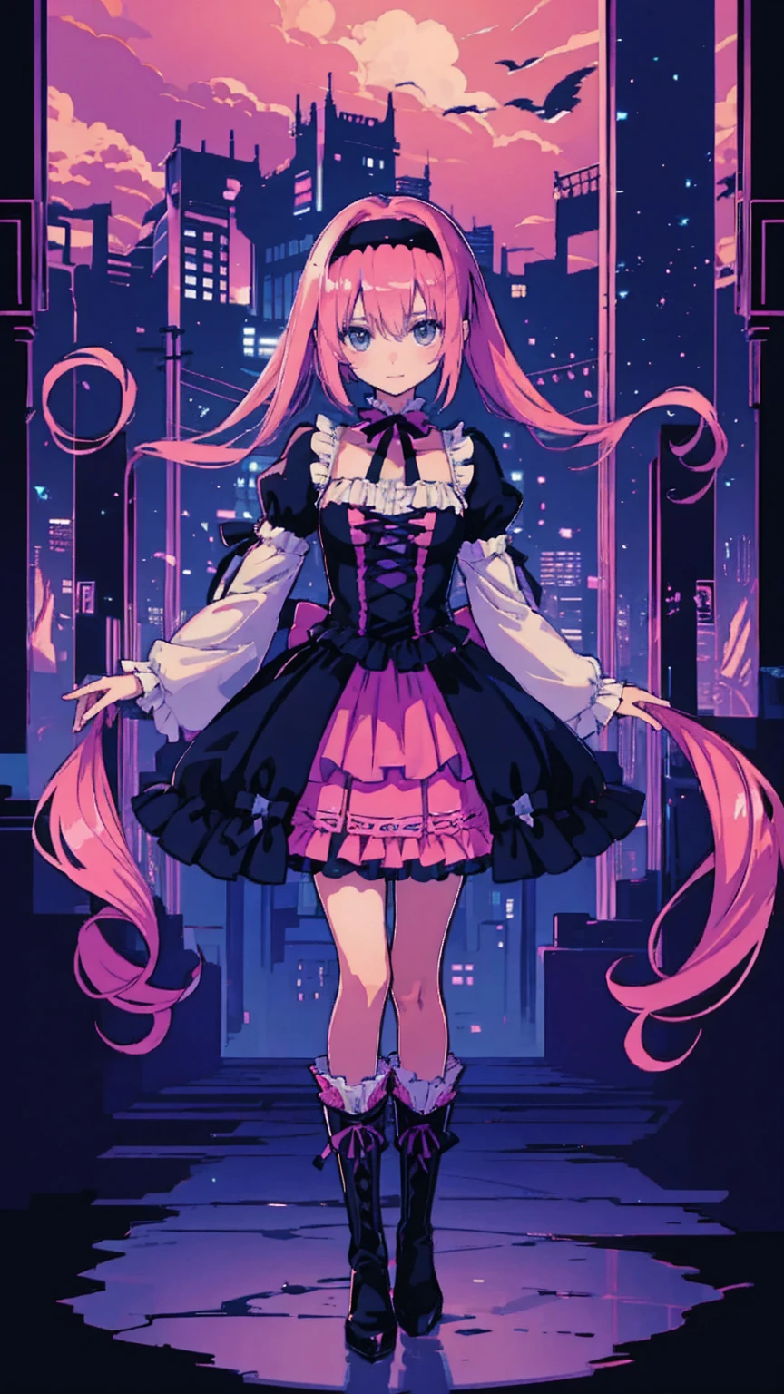  anime style、story、、 BEAUTIFUL GIRLS、とてもcute天使、 pink gothic dress 、cute、baby face、smile、 long skirt 、  black boots 、Very cute headband
