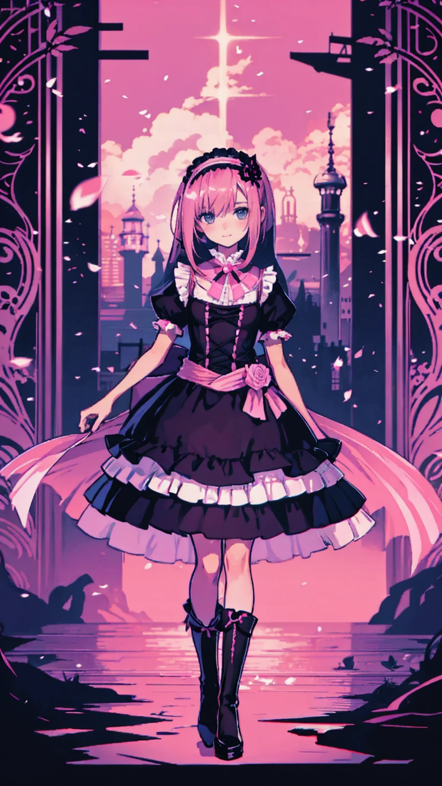  anime style、story、、 BEAUTIFUL GIRLS、とてもcute天使、 pink gothic dress 、cute、、smile、 long skirt 、  black boots 、Very cute headband
