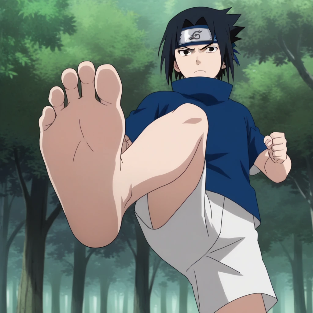 score_9, score_8_up, source_anime,
1boy, Sasuke Uchiha, black hair, short spiky hair, dark eyes, navy blue high-collar shirt, short sleeves, white shorts, clenched hands, alone, looking at viewer, serious expression, standing, cowboy shot, ANIME SCREENCAP, anime coloring, in a forest, barefoot, perfect feet, anatomically correct, soles, low angle, focal length 35mm, each foot has five toes, front, symmetrical soles, foot focus