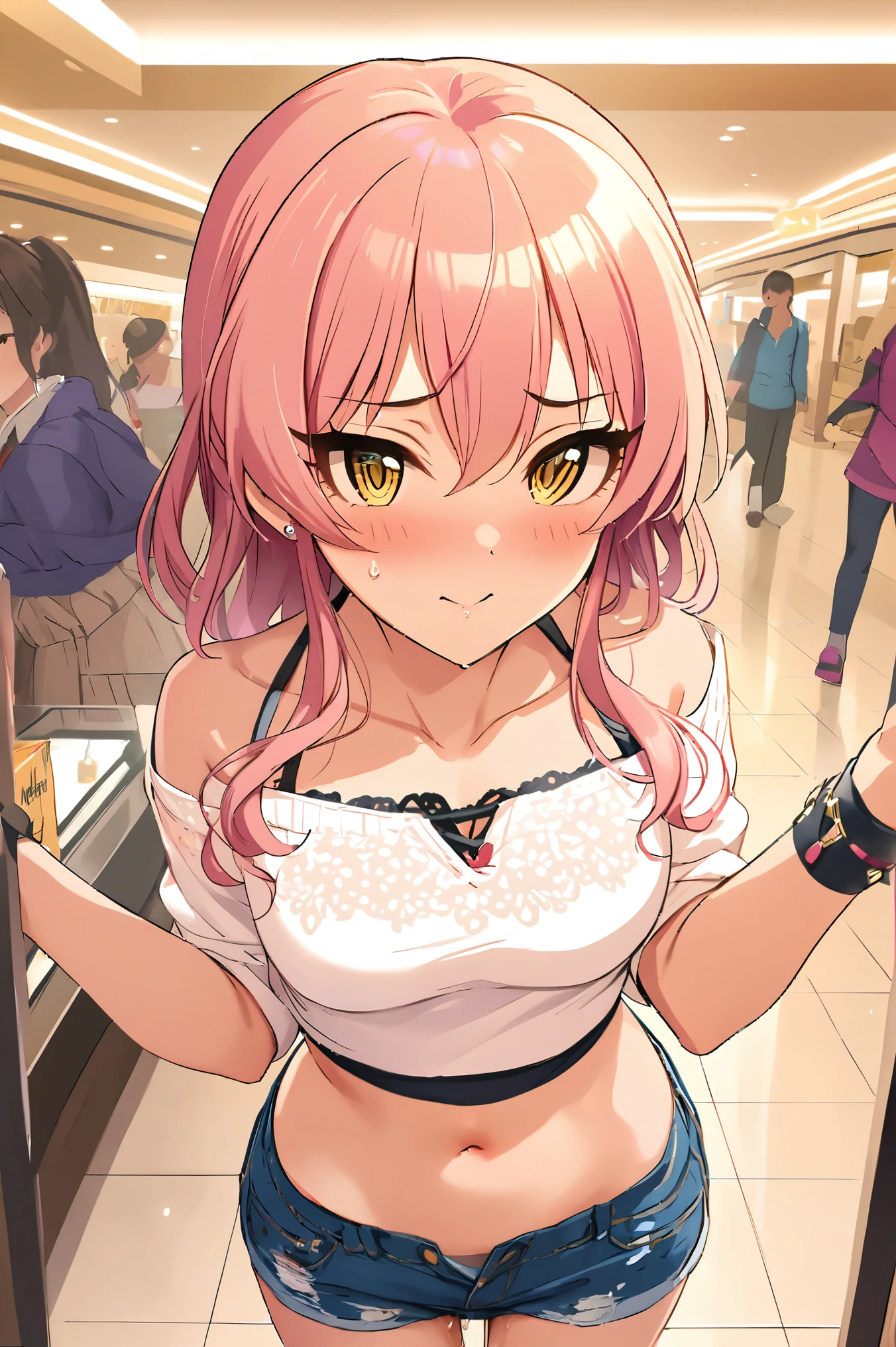 NSFW,masterpiece,Best Quality, Kampala, very detailed ,Mika Jougasaki \( The Idolmaster Cinderella Girls\),Pink Hair、 yellow eyes,(Sex slave), casual, off shoulder, crop top,blush, Shopping Mall