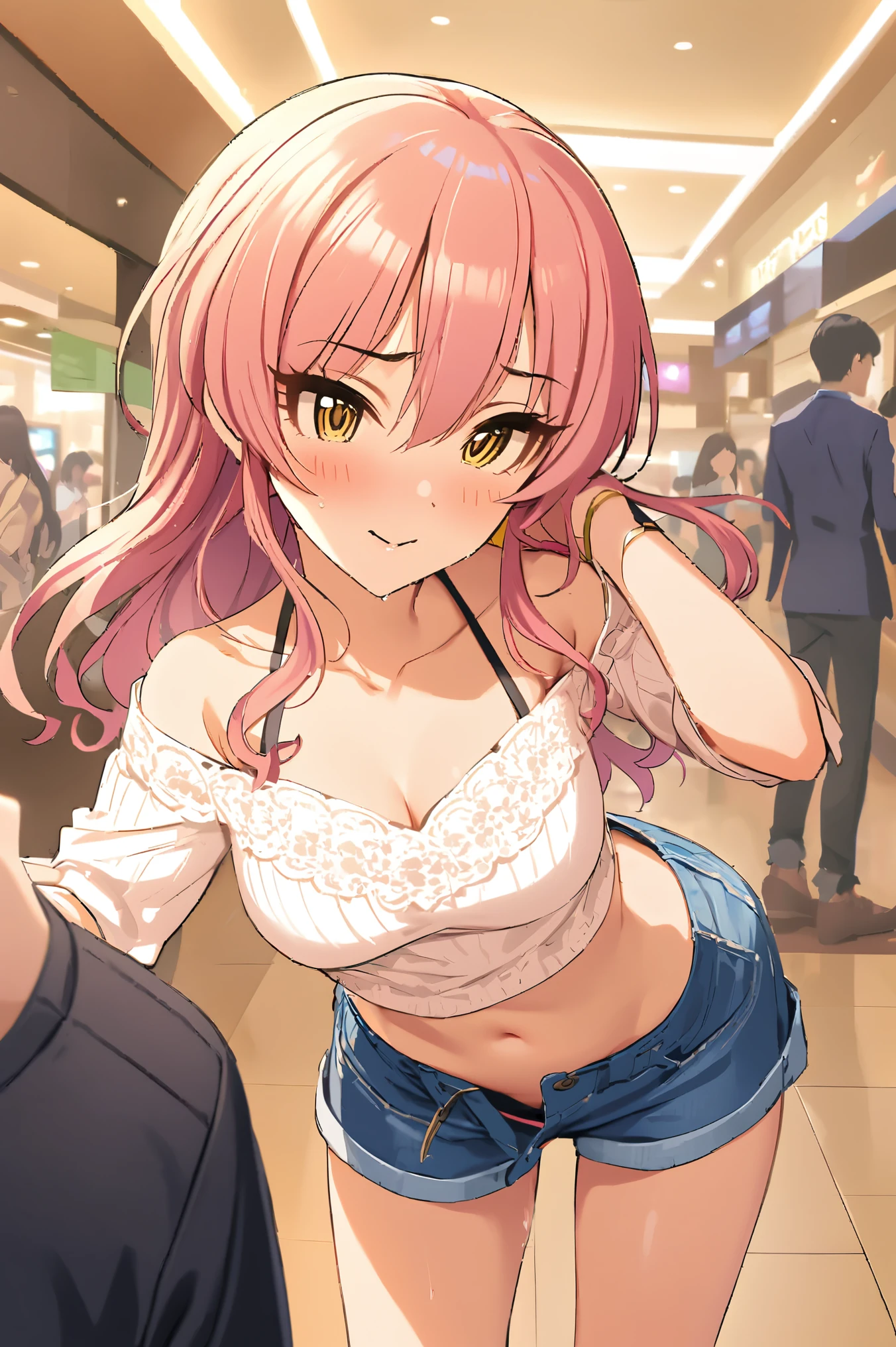 NSFW,masterpiece,Best Quality, Kampala, very detailed ,Mika Jougasaki \( The Idolmaster Cinderella Girls\),Pink Hair、 yellow eyes,(Sex slave), casual, off shoulder, crop top,blush, Shopping Mall