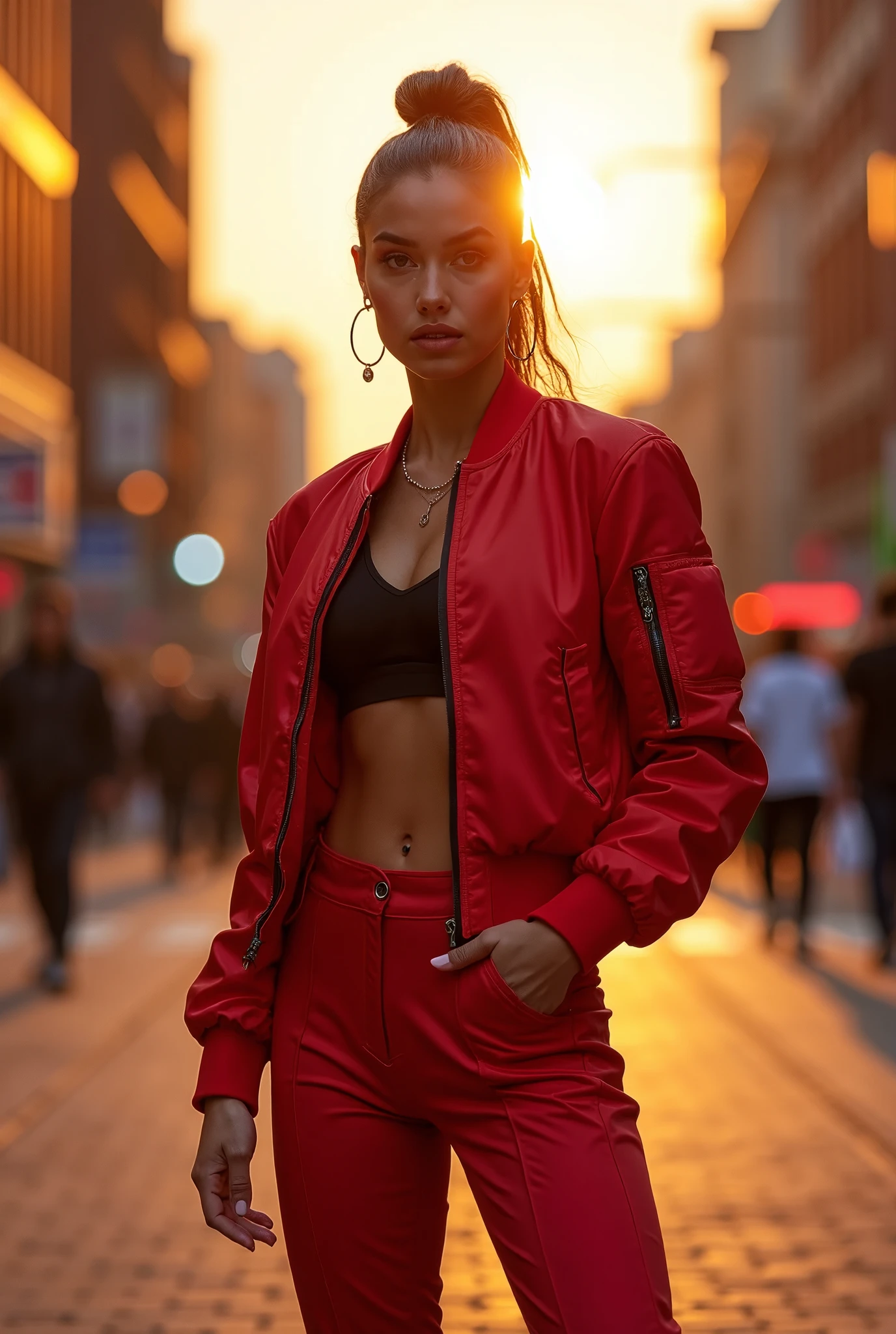 Eugenie Bouchard poses confidently on a bustling city street at sunset. She wears a bold red bomber jacket paired with high-waisted boot-cut pants, her desirable presence radiating as she strikes a provocative pose against a vibrant urban backdrop. The warm glow of the setting sun casts long shadows behind her, highlighting the edgy chic of her outfit.