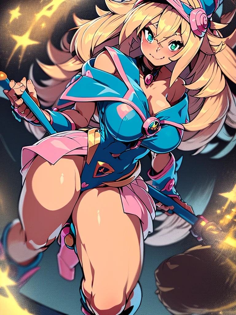 Black Magician Girl、super breasts、thick thighs、blonde hair、magic circle、8K, 4k, highest quality, High resolution: 1.2),winking、One breast exposed、cute anime face、Pink blush on cheeks、noise removal、Leotard that bites into、have a cane、Hold your cane、Rear view、Turning around、full body portrait、T-back that digs into your butt、Glowing green eyes、Laughter