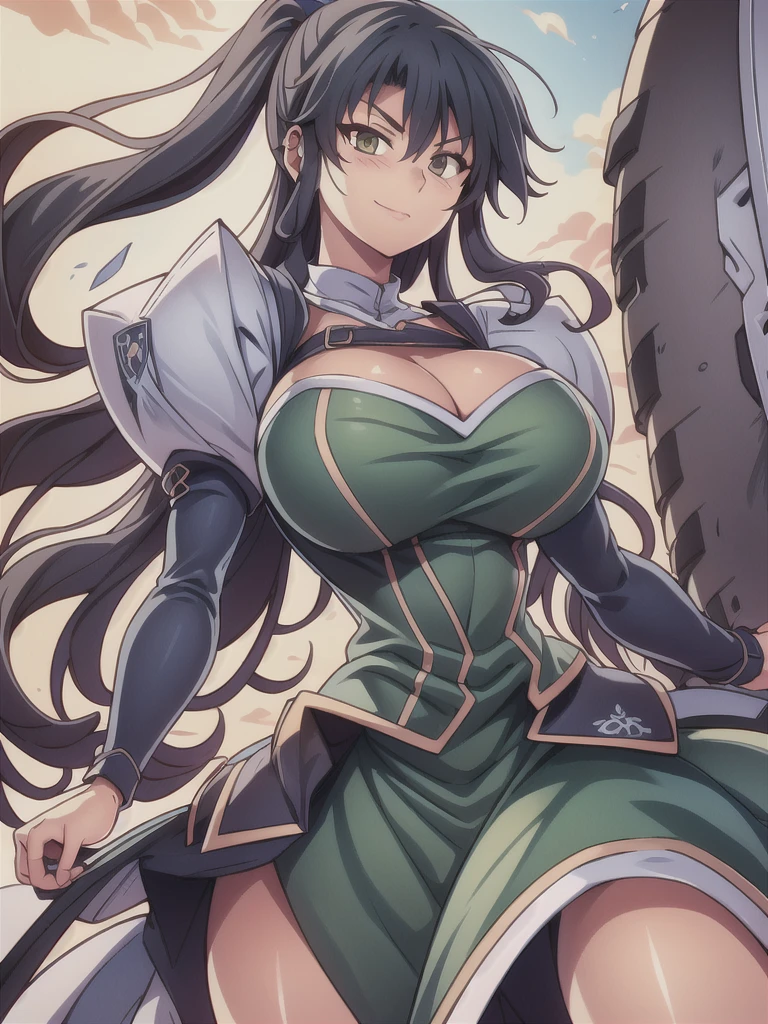 masterpiece,best quality,kim_kwang_hyun, 1girl,musashi , large breasts, large Long hair, Blueish-black hair, bangs, solo, big busty , large huge breasts, looking at viewer,  clear brown colored eyes, eye scar, Large Long hair, blueish-black hair, large huge breasts, long sleeves, dress, cleavage, closed mouth,weapon((Trident)), puffy sleeves, arm up, clothing cutout, copyright name, green dress, cleavage cutout, juliet sleeves , power armor, shoulder armor, large Long hair, blueish-black hair, city Smile, neon-green colored eye, eye scar