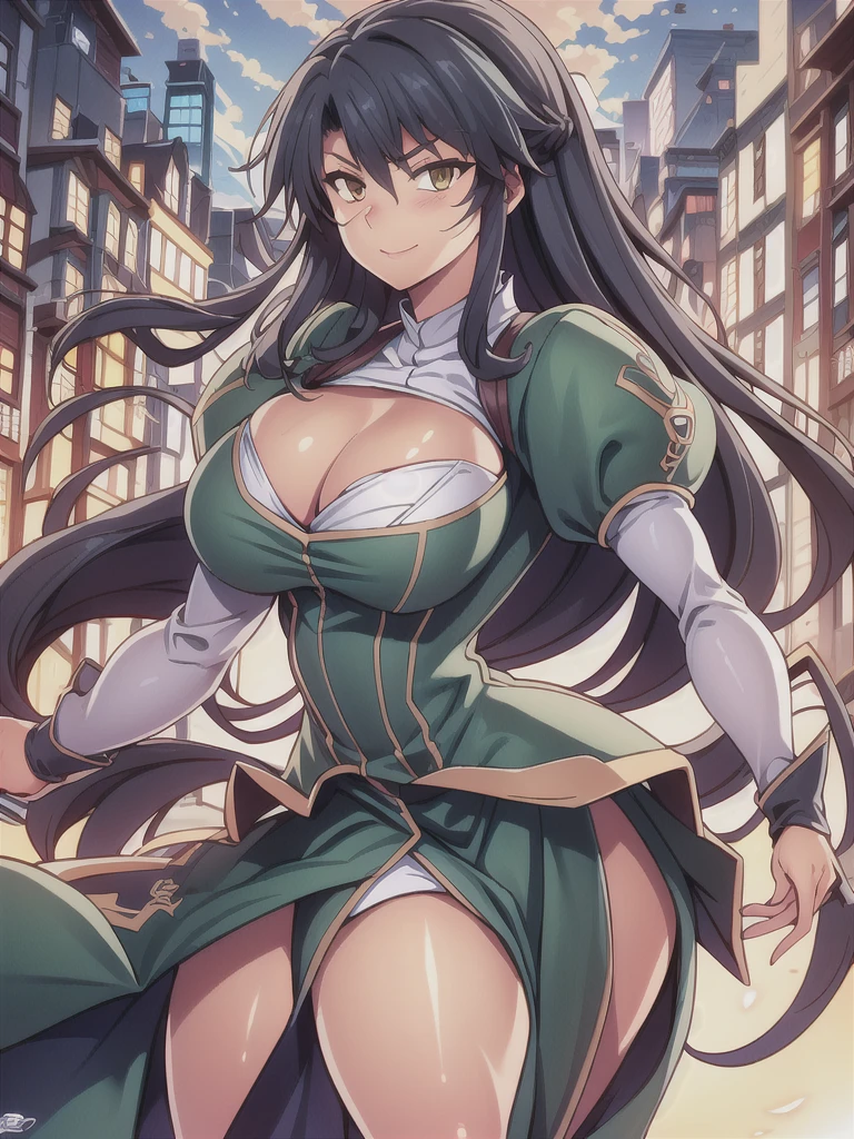 masterpiece,best quality,kim_kwang_hyun, 1girl,musashi , large breasts, large Long hair, Blueish-black hair, bangs, solo, big busty , large huge breasts, looking at viewer,  clear brown colored eyes, eye scar, Large Long hair, blueish-black hair, large huge breasts, long sleeves, dress, cleavage, closed mouth,weapon((Trident)), puffy sleeves, arm up, clothing cutout, copyright name, green dress, cleavage cutout, juliet sleeves , power armor, shoulder armor, large Long hair, blueish-black hair, city Smile, neon-green colored eye, eye scar