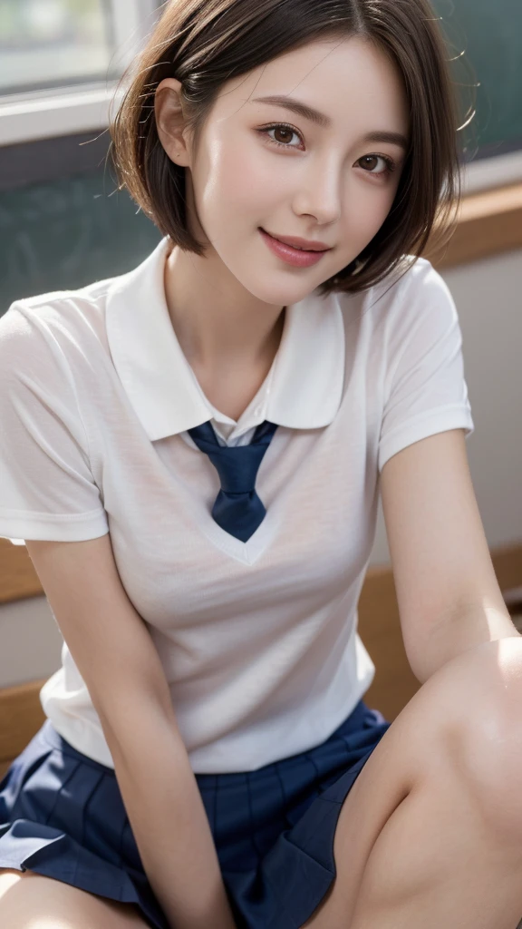 Realistic, ultra high resolution,Ultra fine,32K, Super Real ,slim,masterpiece,Best Quality, RAW Photos, super detailed face),(Ultra short hair),Age 30,Wide double eyelids,(School uniform:1.3),(Small breasts), toned body, perfect style, perfect face,Cute face,Beautiful face,smile,sit, open legs