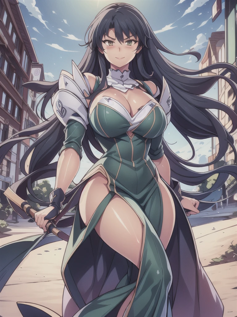 masterpiece,best quality,kim_kwang_hyun, 1girl,musashi , large breasts, large Long hair, Blueish-black hair, bangs, solo, big busty , large huge breasts, looking at viewer,  clear brown colored eyes, eye scar, Large Long hair, blueish-black hair, large huge breasts, long sleeves, dress, cleavage, closed mouth,weapon((Trident)), puffy sleeves, arm up, clothing cutout, copyright name, green dress, cleavage cutout, juliet sleeves , power armor, shoulder armor, large Long hair, blueish-black hair, city Smile, neon-green colored eye, eye scar