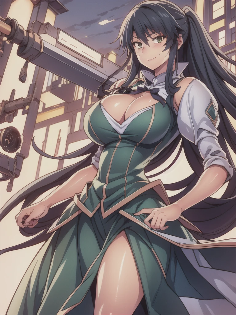 masterpiece,best quality,kim_kwang_hyun, 1girl,musashi , large breasts, large Long hair, Blueish-black hair, bangs, solo, big busty , large huge breasts, looking at viewer,  clear brown colored eyes, eye scar, Large Long hair, blueish-black hair, large huge breasts, long sleeves, dress, cleavage, closed mouth,weapon((Trident)), puffy sleeves, arm up, clothing cutout, copyright name, green dress, cleavage cutout, juliet sleeves , power armor, shoulder armor, large Long hair, blueish-black hair, city Smile, neon-green colored eye, eye scar