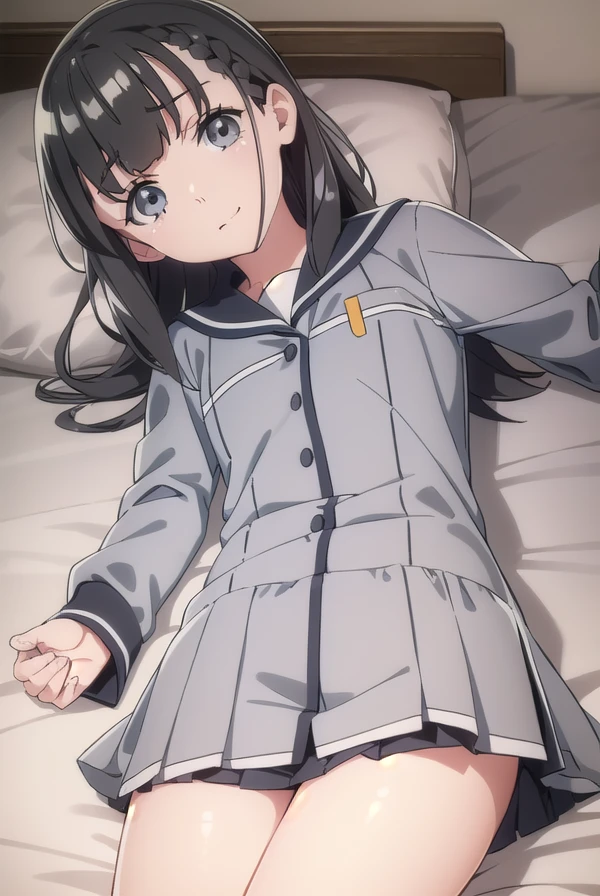 yuzukishiraishi, yuzuki shiraishi, Long Hair, bangs,  Black Hair ,  braid, (Grey Eyes:1.5),smile、
( Sailor suit　、 miniskirt in length)、(((Lie on your back on the bed)))、Thighs、
Western-style room, ( cowboy shot of a man), low angle、
break (masterpiece:1.2), Best Quality,  Kampala,  Unity 8k wallpaper, (Illustration:0.8), (  beautiful eyes down to the smallest detail :1.6),   Extremely Detailed Facial Repairs, Perfect lighting ,  highly detailed CG , (Perfect hands,  perfect anatomy),