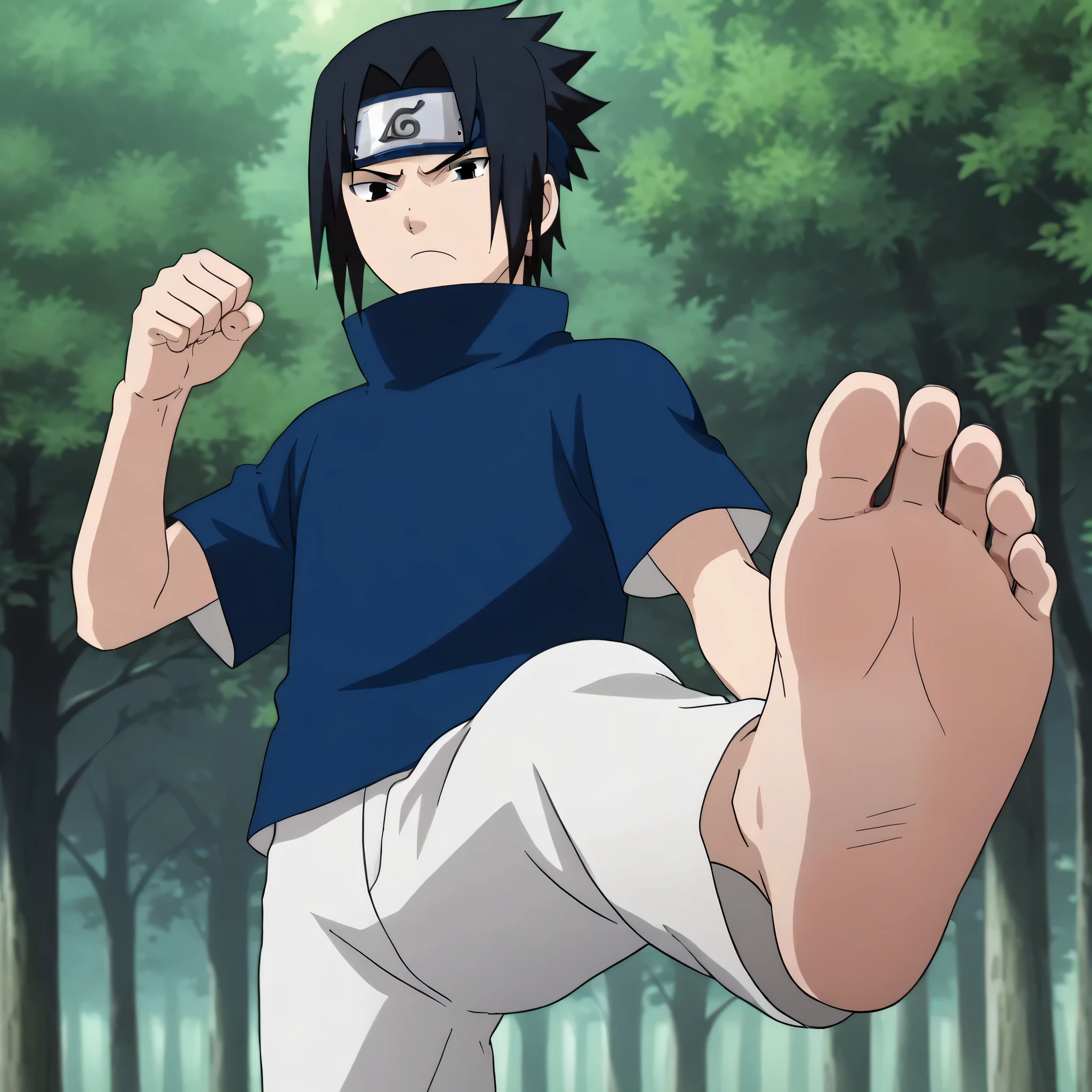 score_9, score_8_up, source_anime,
1boy, Sasuke Uchiha, black hair, short spiky hair, dark eyes, navy blue high-collar shirt, short sleeves, white trousers, clenched hands, alone, looking at viewer, serious expression, standing, cowboy shot, ANIME SCREENCAP, anime coloring, in a forest, barefoot, perfect feet, anatomically correct, soles, low angle, focal length 35mm, each foot has five toes, front, symmetrical soles, foot focus