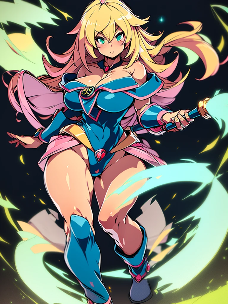 Black Magician Girl、super breasts、thick thighs、blonde hair、magic circle、8K, 4k, highest quality, High resolution: 1.2),、One breast exposed、cute anime face、Pink blush on cheeks、noise removal、Leotard that bites into、have a cane、Hold your cane、Rear view、Turning around、full body portrait、T-back that digs into your butt、Glowing green eyes、serious