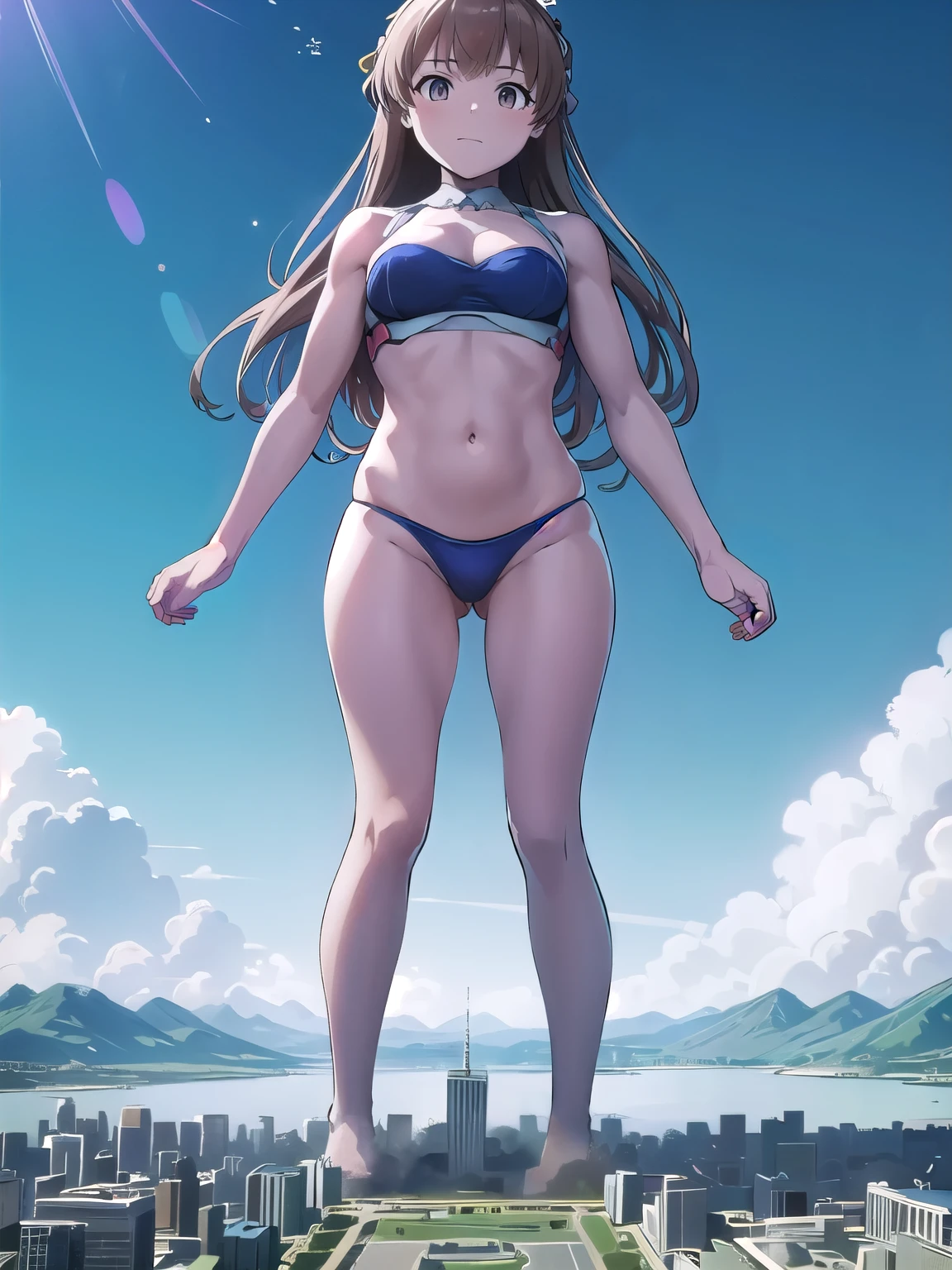 3 Women, 3 women exercising, Three Giant Girls, Giantess, (hugebresst ), Bikini, mature body, Background with earth and mountain ranges, A very very small big city, Background with visible horizon, Trampling the city, anime, anime style, from below, panorama, lots of women, 3 women,Dust cloud