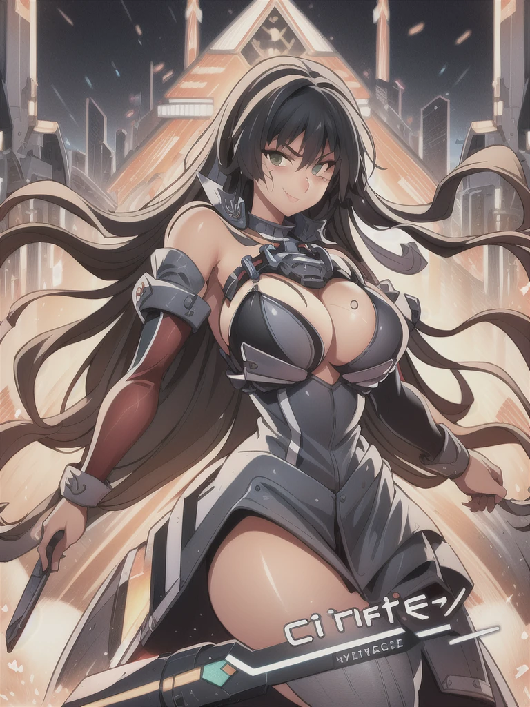 masterpiece,best quality,kim_kwang_hyun, 1girl,musashi , large breasts, large Long hair, Blueish-black hair, bangs, solo, big busty , large huge breasts, looking at viewer,  clear brown colored eyes, eye scar, Large Long hair, blueish-black hair, large huge breasts, long sleeves, dress, cleavage, closed mouth,weapon((Trident)), puffy sleeves, arm up, clothing cutout, copyright name, green dress, cleavage cutout, juliet sleeves , power armor, shoulder armor, large Long hair, blueish-black hair, city Smile, neon-green colored eye, eye scar