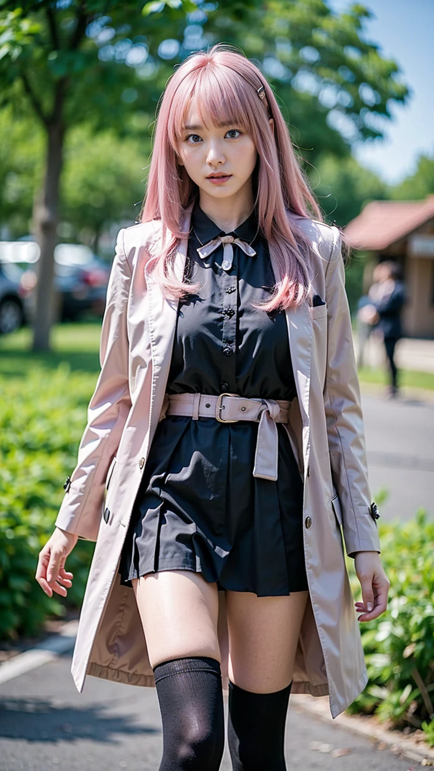 (8K, top-quality, masterpiece:1,2), (reallistic, Photorealsitic:1.37), Super Detail, One girl,), (Highly detailed), (beautifully detailed eyes), (of the highest quality), (super detailed ), (masterpiece), (Detailed face),20yr old, ,1 girl, ((pink hair,Very short hair)), medium breasts, clothed, Perfect Lighting, (black long coat:1.3), (black knit sweater:1.2), (white shirt:1.2), (black pleated skirt:1.4), (fluffy skirt and tight coat:1.5), (fur on collar and cuffs:1.2), (black knee-high socks:1.2), (black lace-up boots:1.3), (black ribbon and choker:1.2), BREAK black ribbon on left side, no smile, frowning, looking away from camera, crossing arms in front of chest, slouching, black choker, dark room, window with closed curtain, ((graffiti and posters on wall)), trash and books on floor, bed and desk in background, natural light from window, low contrast and saturation, cold color temperature