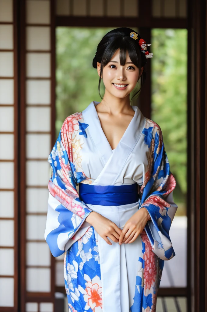 8k、 high definition、 ultra detail 、 photorealistic、 Kampala、Realistic and accurate depiction、Realistic and accurate human anatomy、Best Quality、 Japanese Women 、beautiful girl、(((JPGND))), (((kimono))), ((Best Quality、8k傑作:1.3))、(Super beautiful face:1.0)、(Glowing Skin:1.0)、 Realistic Picture 、 Perfect Dynamic Composition,  Video Writing 、 Kampalaの目と顔、One of the Japanese, Pure beauty, cute,  elegant, kimono, smile, ,A long-established inn in Kyoto, Japanese Garden, Luxurious Japanese-style room, 振り返ってsmile