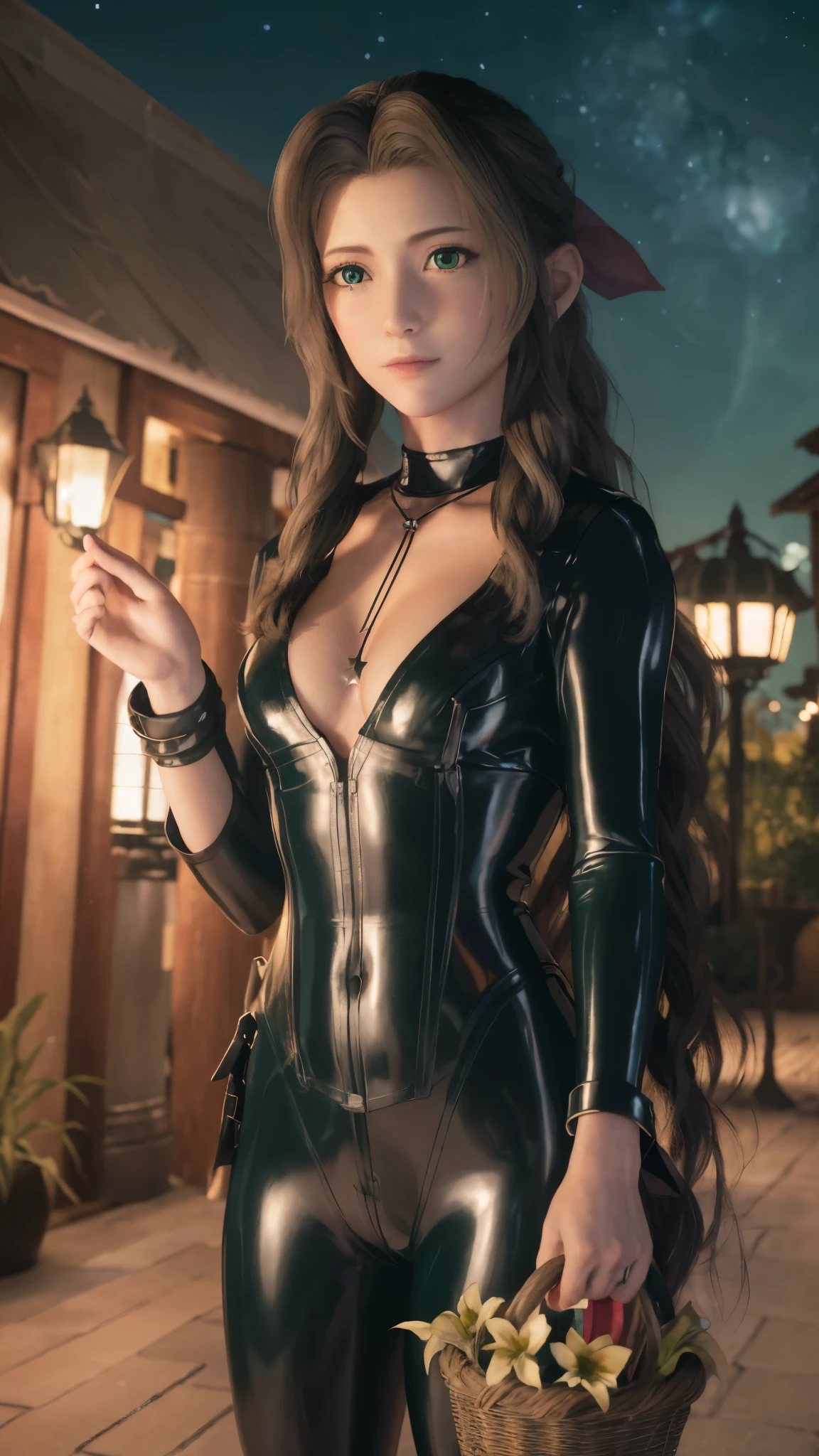 Like the picture, CG, Best Quality,  highly detailed masterpiece ,  Highly Detailed CG Unity 8K Wallpaper, fine, Best Quality, incredibly absurdres,   very detailed beautiful detailed 1 girl ,  Aerith Gainsborough , Solo,  along the Thames ,  light texture and light on the face ,  wears a latex suit that fits her whole body ,  black latex catsuit,  latex suit PVC , Long-haired,  Necklace ,  JEWELRY,  dark green eyes ,  has a basket ,  lip details , As a Westerner , Have、 has very detailed green eyes and very detailed eyes,  watching viewers , smile, Against the background of the garden, flower,  glowworms , turquoise blue starry sky , Milky Way, Stars that shine on a dark night .